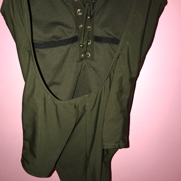 Olive green caged front 1 piece bathing suit - Picture 2 of 3
